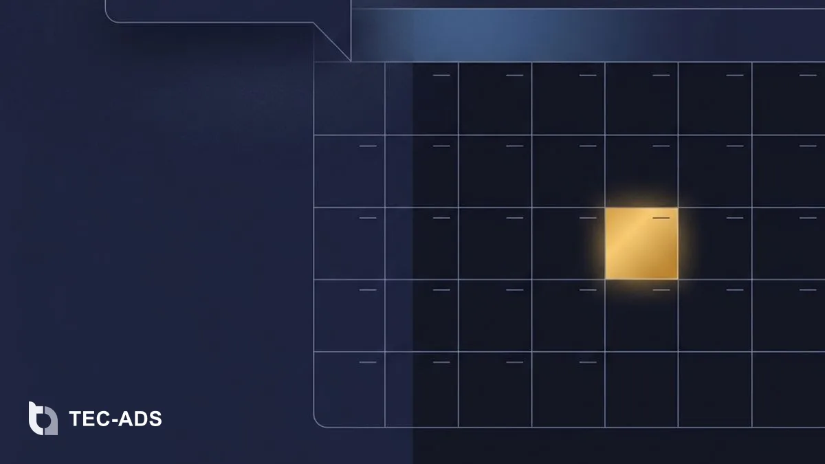 Abstract chat bubbles flowing into a structured calendar grid with a single gold active slot.