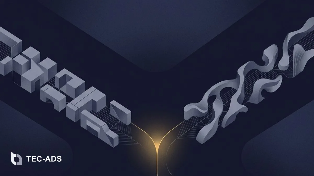 Abstract diverging paths in deep navy, one lit gold leading to a solid built structure.