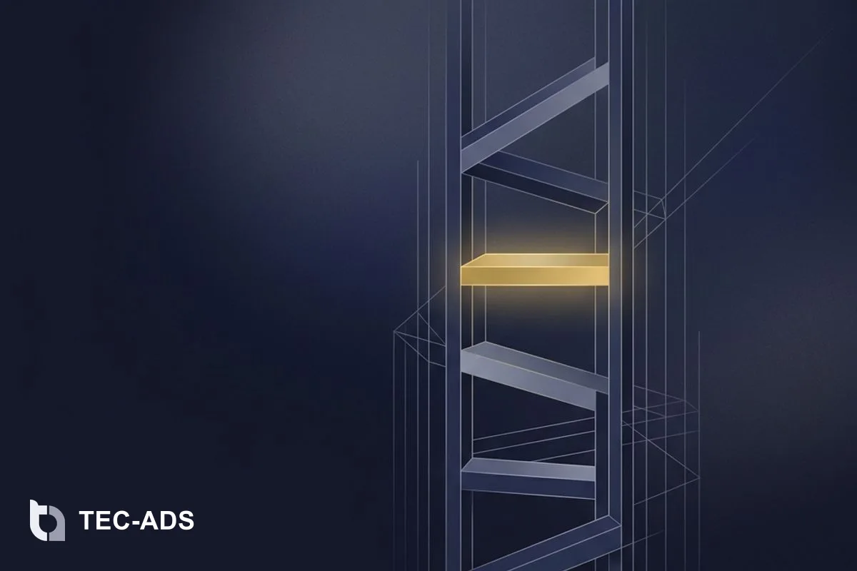 Abstract price-band ladder showing deep navy rungs with a gold highlighted rung.