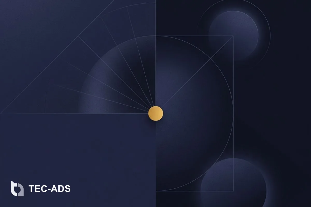 Minimalist abstract split composition showing navy shapes balanced with a single gold focal pivot.