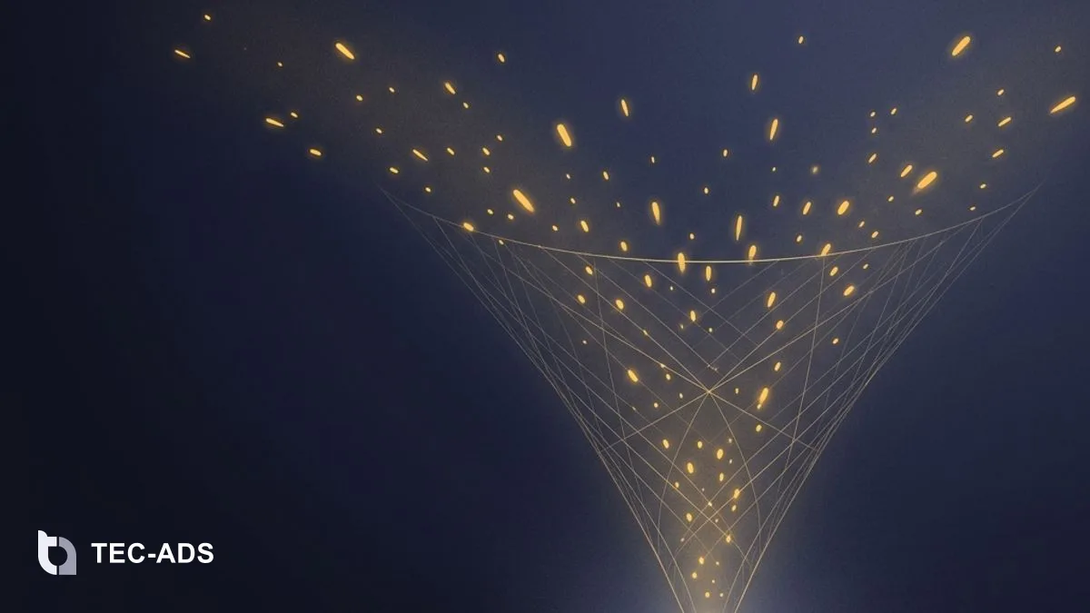 Abstract ascending nodes multiplying toward a gold growth milestone on deep navy.