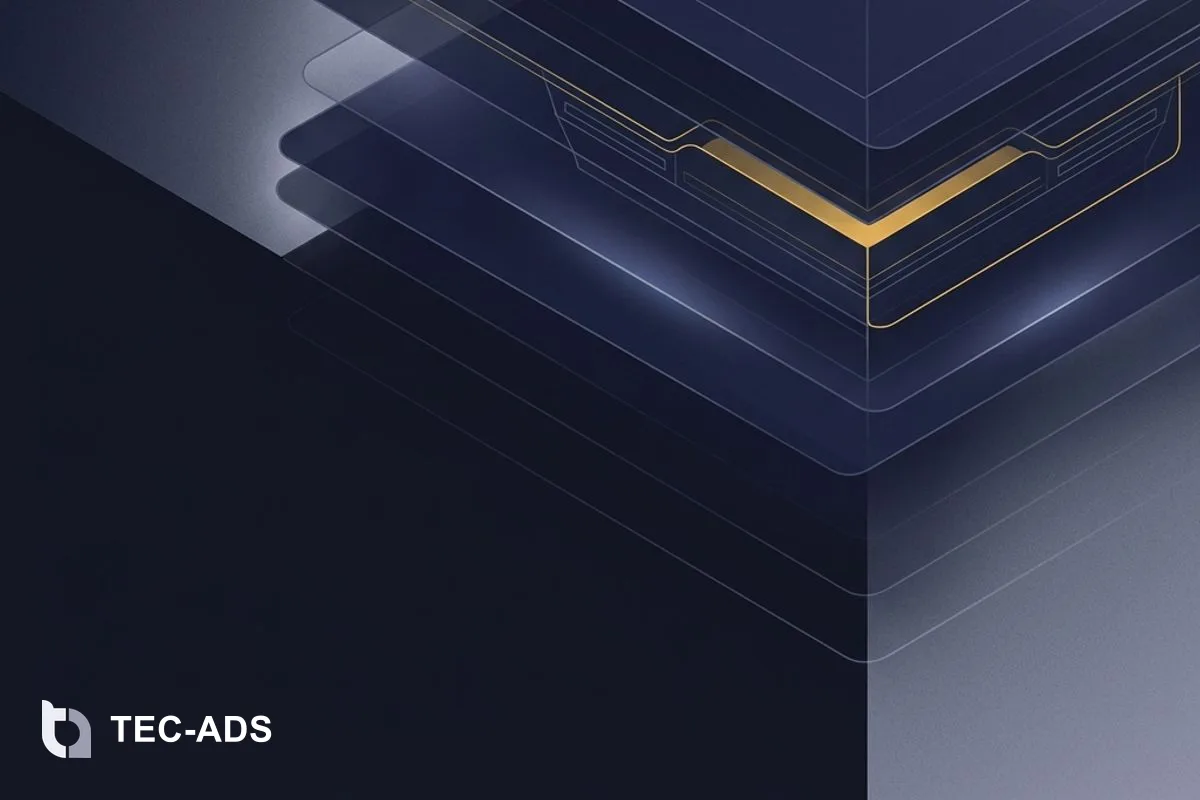 Minimalist stack of three translucent navy planes with subtle golden line accents showing server layers.