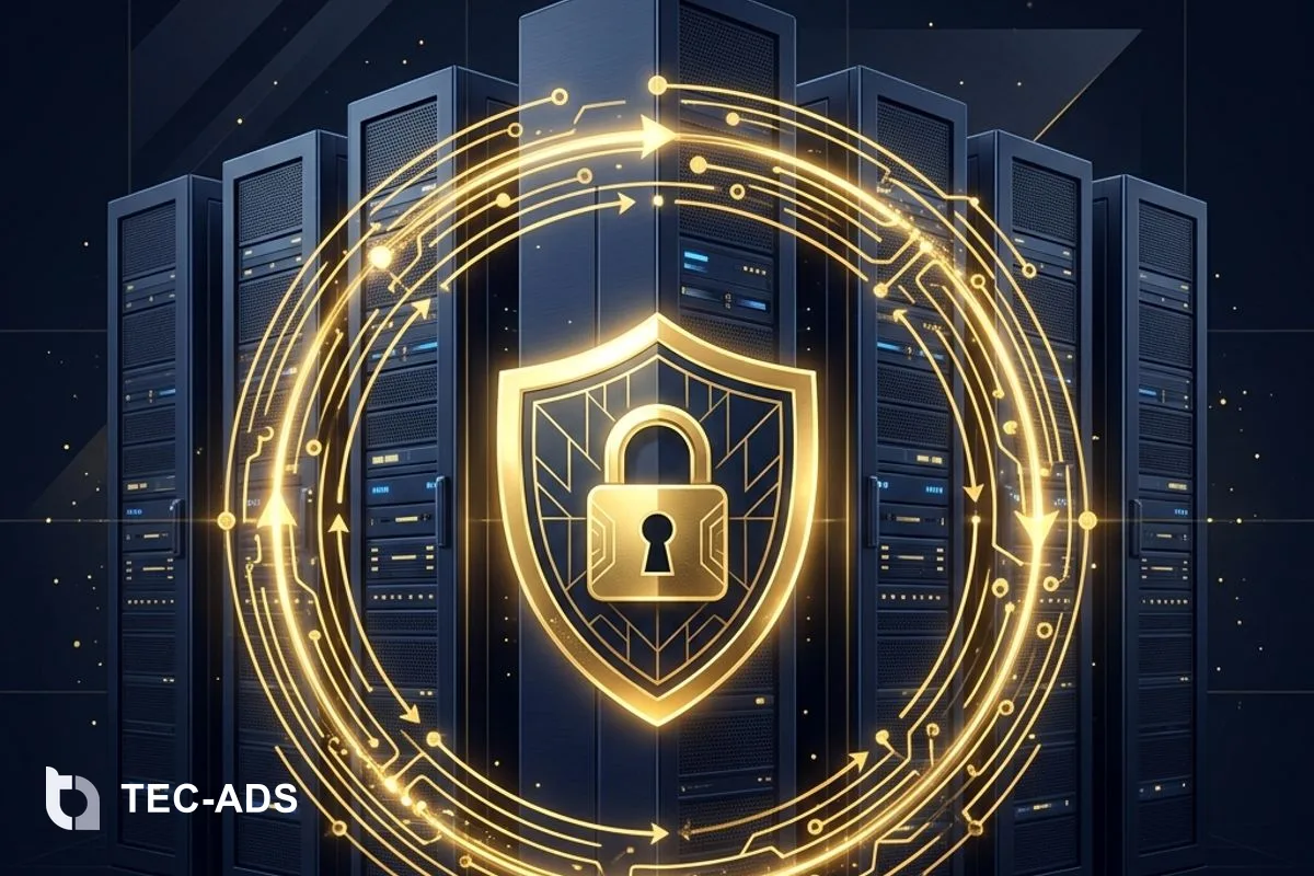 خوادم on-premises خلف درع ذهبي، وبيانات في حلقة مغلقة لا تعبر الإطار.