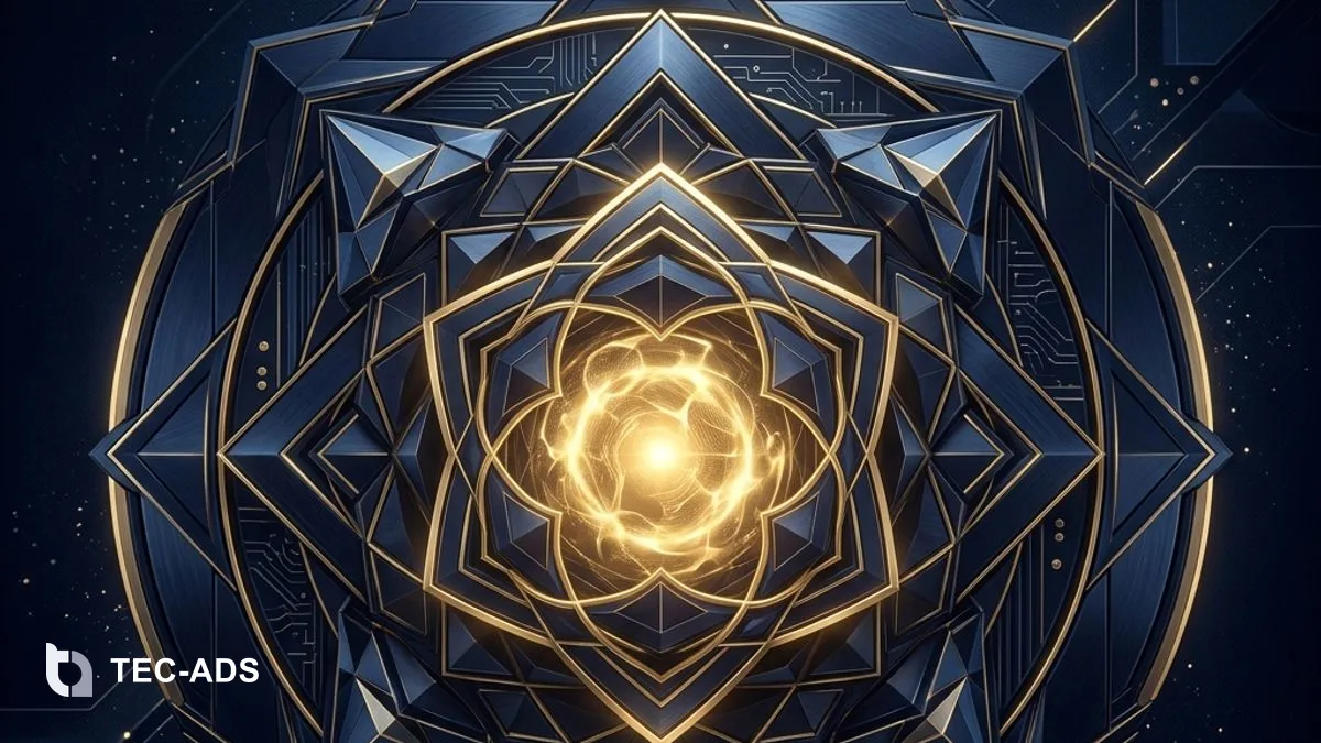 Abstract gold data core contained inside a navy vault, symbolizing data kept in-country.