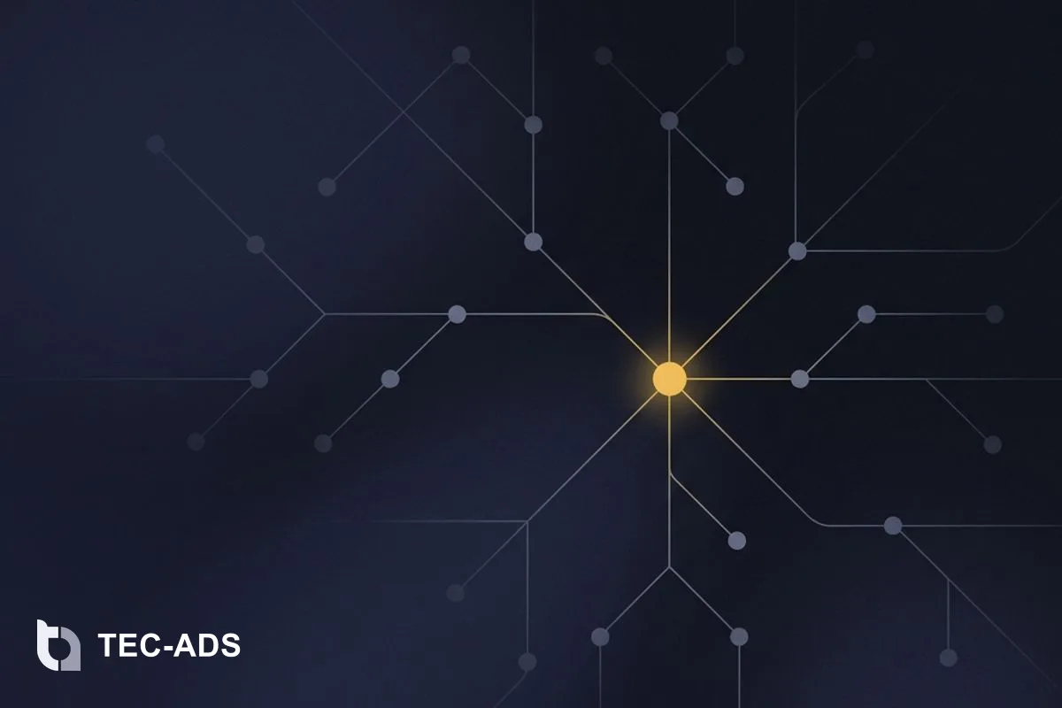 Minimalist network showing one bright golden node connecting to several dim slate nodes.