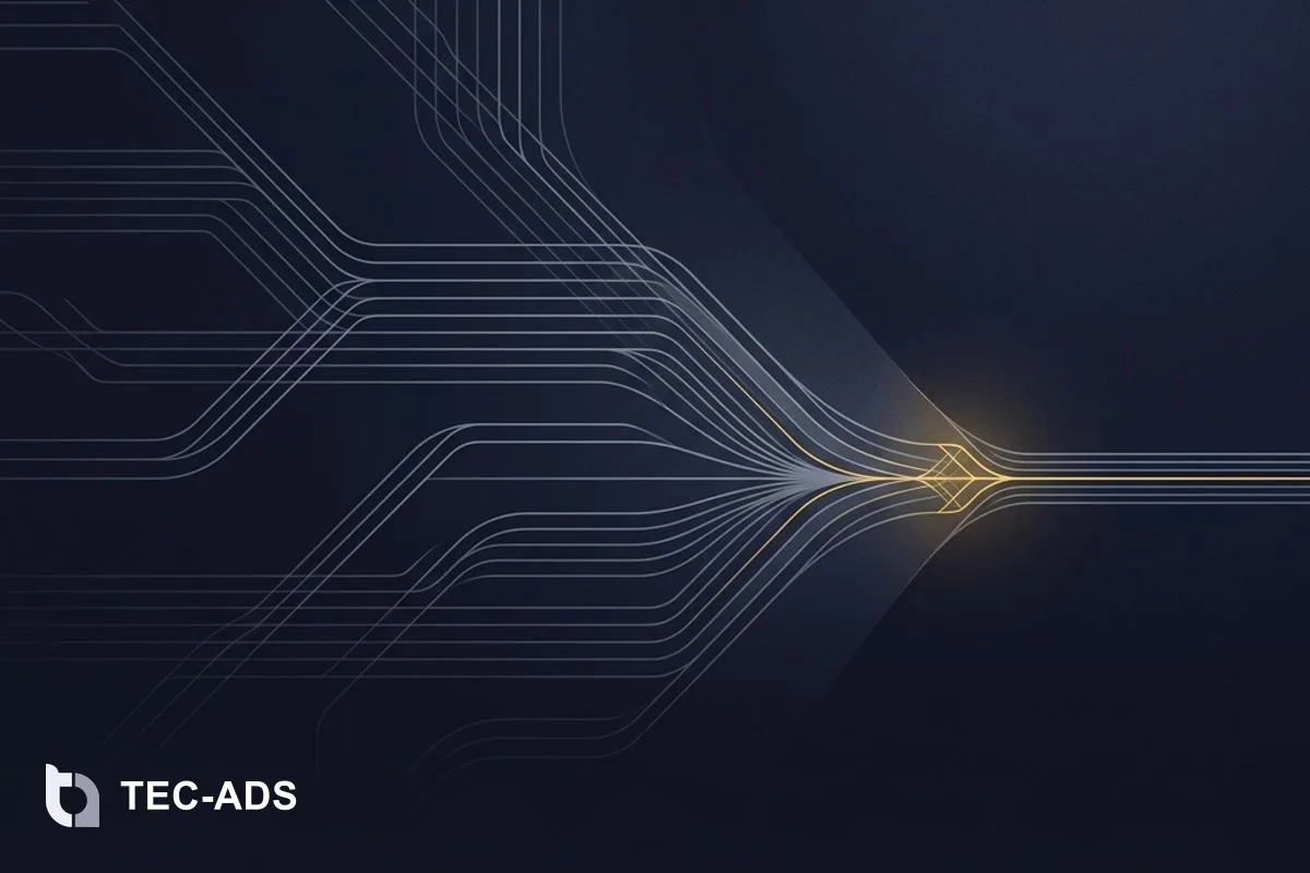 Minimalist abstract representation of multi-channel streams merging into a single point.