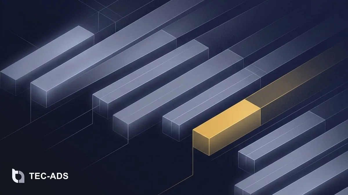 Abstract graphic of fragmented slate shards resolving into a cohesive gold-edged navy whole.